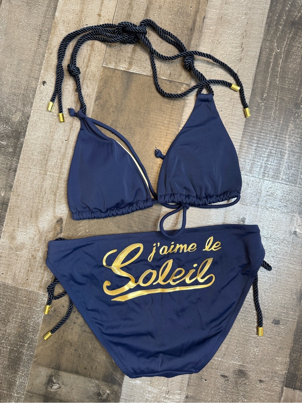 Vintage Victoria's Secret Navy Blue Bikini with Gold Script Small